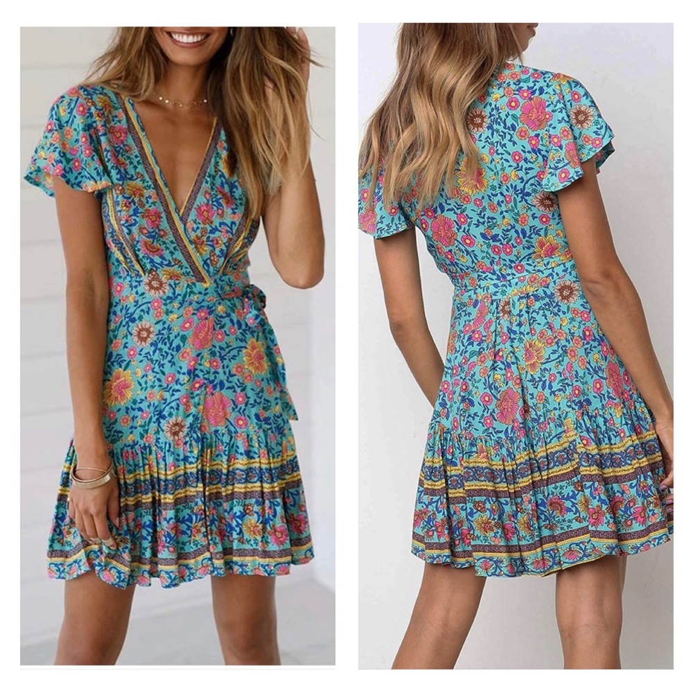 NWT Wrap V Neck Bohemian Floral Print Ruffle Swing A Line Beach Mini Dress